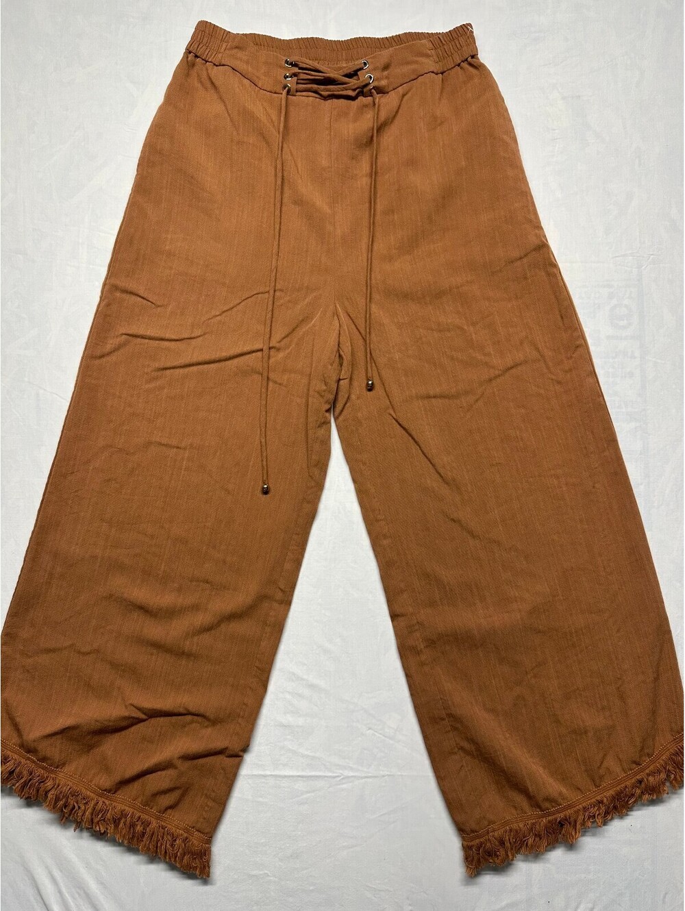 GRACE KARIN Rust Brown Fringe Hem Wide-Leg Linen Blend Pants Large